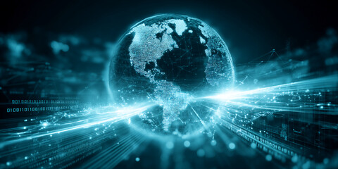 Digital globe with glowing lines, representing global network, data flow, and connectivity, showcasing technological advancement and worldwide communication