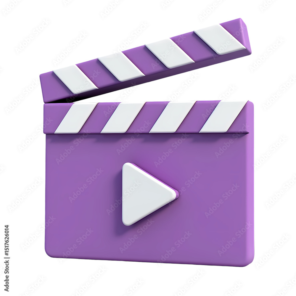Poster a purple clapperboard with white stripes and a play button on a black isolated background scene isol