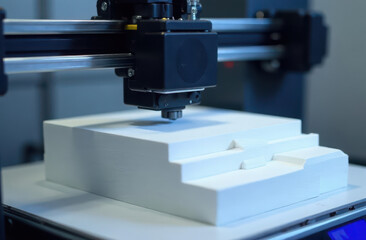 Fototapeta premium Modern 3d printer crafting detailed white geometric structure in workshop setting