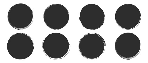 Set of round ink splatter frames, Vector grunge paint brushes in circle shape, Vector elements isolated on white. Vector illustration.
