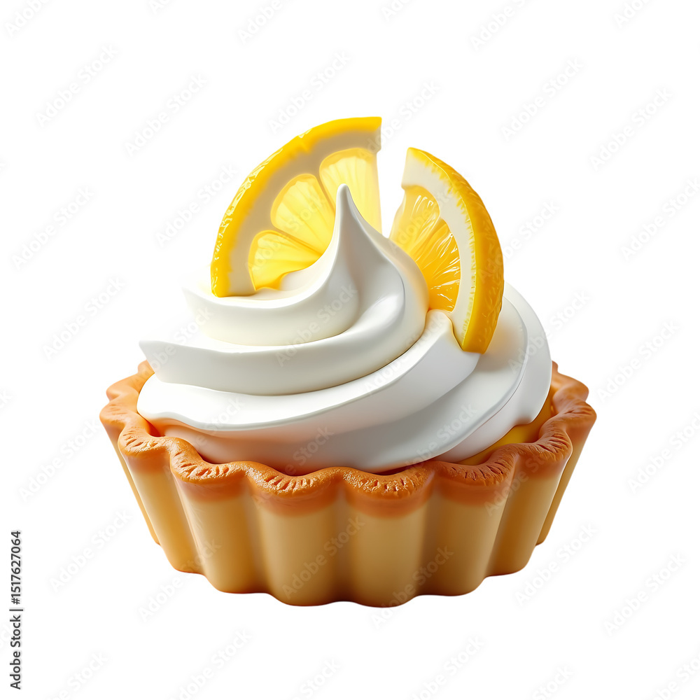 Poster close up of a lemon tart with white creamy topping and lemon slices isolated on transparent backgrou