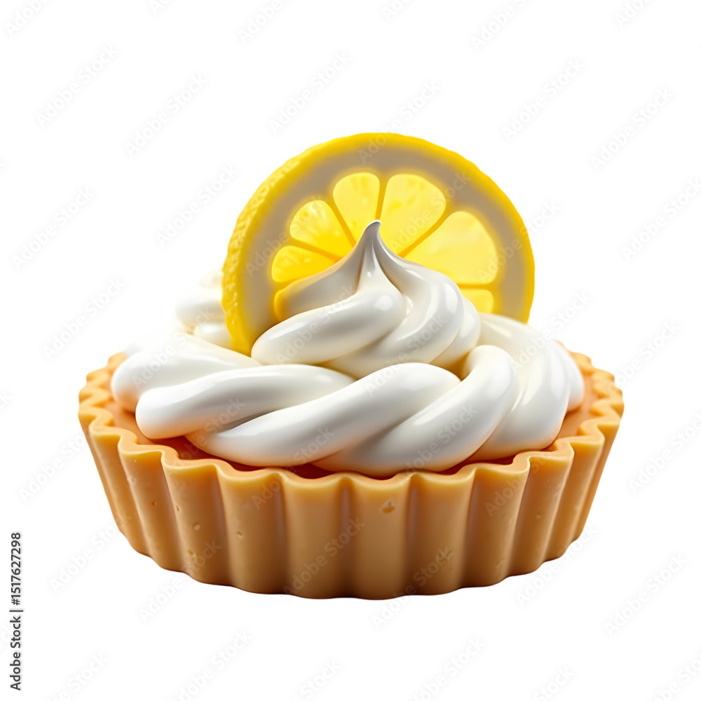 Poster a close up of a lemon tart with white frosting and a lemon slice on top isolated on transparent back