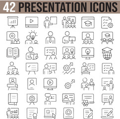Business and College Presentation Icons Set. Editable Stroke, Seminar, Conference, Trade Show, Team Building, Coaching, Solid Icons Collection, Keynote, Illustration