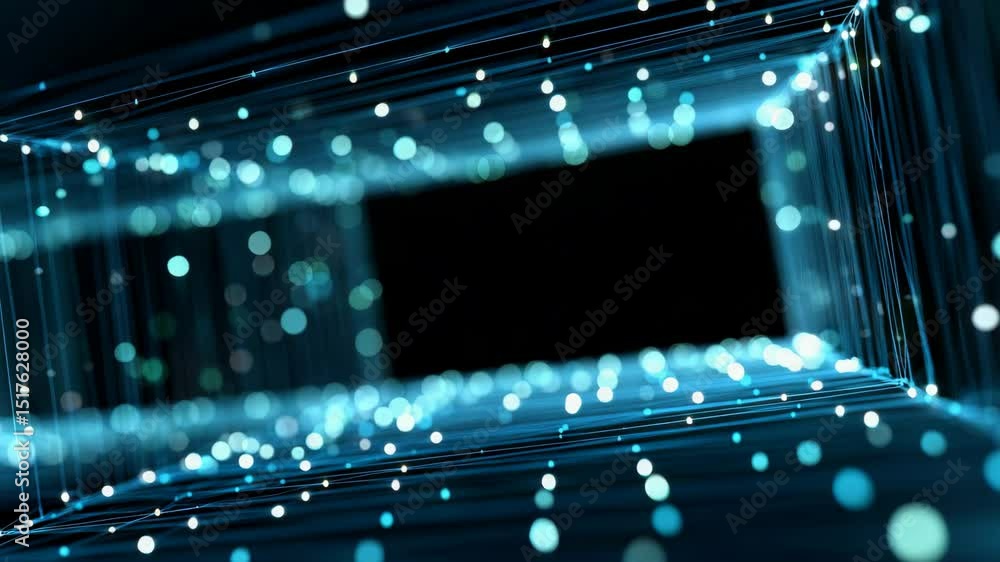 Aufkleber abstract view into a glowing digital tunnel with particles in blue and green hues