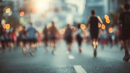 Fototapeta premium Blurred Runners City Street Marathon Race Event Urban Evening Athletes Running Competition Summer Sunlight Background Bokeh Lights Abstract Motion Dynamic Energy Active Lifestyle 