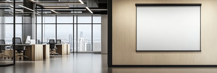 Modern Office Interior Mockup with Empty White Poster Template for Display and Promotion Use