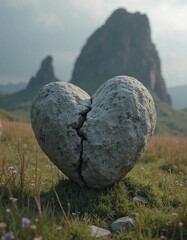 Cracked heart shaped rock with blurred meadow background. Generate AI