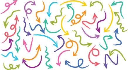 Pastel chalk arrow doodle set with hand drawn swirls, pointers, curves. Artistic crayon strokes, sketchy pencil scribbles, marker lines. Colorful grunge style design UI elements for creative projects.