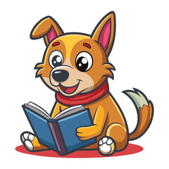 Adorable cartoon dog reading a book smiling while sitting isolated on white background