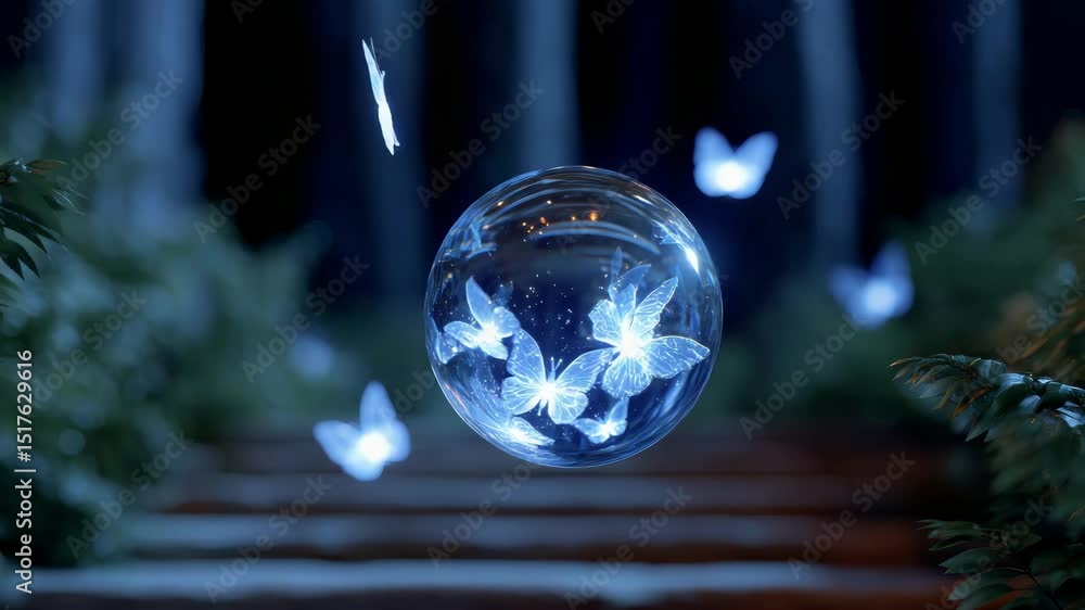 Poster glowing butterflies enclosed in a crystal sphere in a dark forest setting