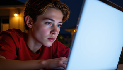 Young person with short hair and blue eyes is focused on laptop screen in dimly lit room at night, showing concentration and engagement with digital content
