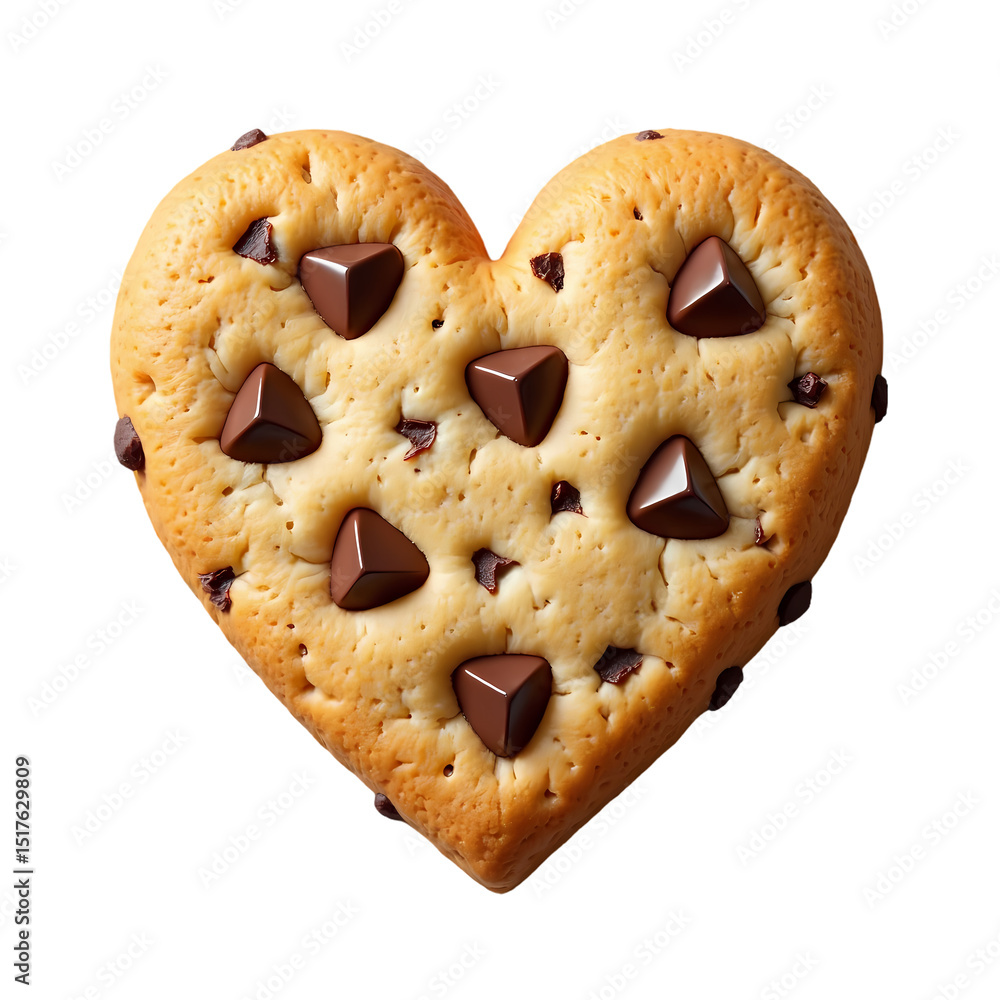 Aufkleber a heart shaped chocolate chip cookie with triangle chocolate chunks close up view isolated on transp