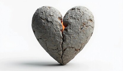 Heart shaped cracked stone isolated on white background. Generate AI