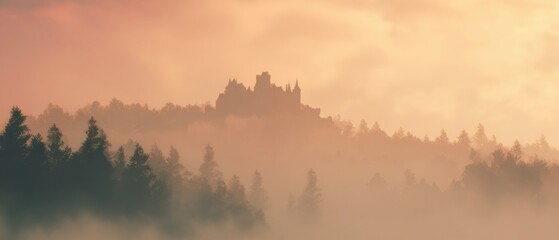 Obraz premium Majestic Medieval Castle on Misty Hilltop with Dramatic Sunset Light