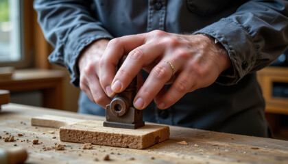 Close up of hands using woodworking plane on wooden surface in workshop, showing detailed craftsmanship and woodworking tools, with natural light coming through window