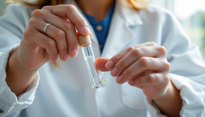 Closeup of scientist holding test tube with clear liquid, wearing white lab coat, in bright laboratory setting, demonstrating scientific research and experimentation