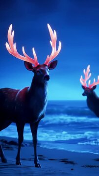 Mystical Deer Glowing Antlers on Blue Night Beach Fantasy Scene