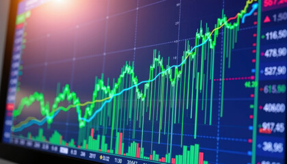 Digital stock market chart showing upward trend with colorful lines and bars, financial data, and graphs indicating growth and investment performance, with bright light effect in top left corner