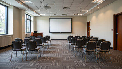 Modern conference room with rows of black chairs facing large projection screen, bright natural light from windows, neutral wall colors, and professional setting for meetings or presentations