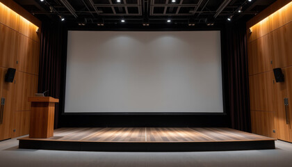 Modern presentation stage with large blank screen, wooden podium, and sound speakers well lit auditorium. stage is ready for speech, lecture, or presentation, with warm lighting and wooden wall