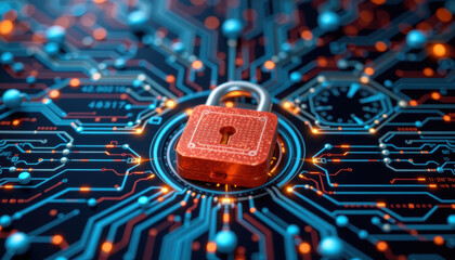 Digital security concept with red lock on circuit board representing cybersecurity and data protection in technology environments