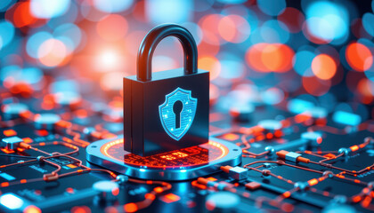 Cybersecurity concept with digital lock on circuit board, representing data protection and digital security, with glowing elements and futuristic design, emphasizing technology and safety