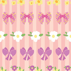 Cute seamless pattern with bows and flowers on striped background