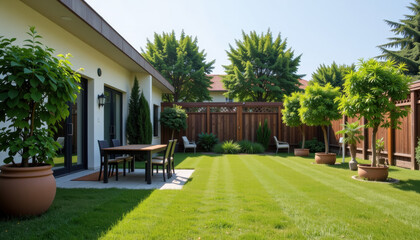 Bright and lush backyard garden with well maintained grass, potted trees, and outdoor seating area, creating peaceful and inviting outdoor space for relaxation and gatherings