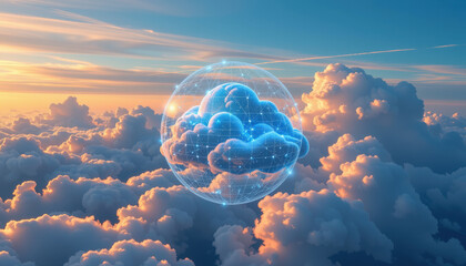 Digital cloud icon floating among sky with clouds and sunset representing cloud computing or cloud storage technology futuristic and innovative concept digital data technology network data storage
