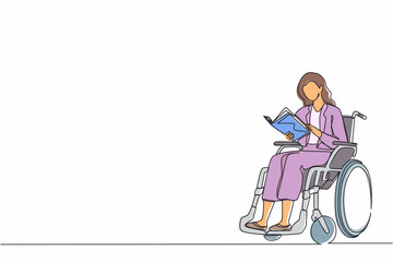 Single one line drawing positive student disabled reads book while sitting in wheelchair. Brave woman studying in college. Rehabilitation of disabled people. Continuous line draw design vector