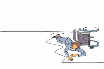 Single one line drawing businesswoman fell off wheelchair sitting on floor. Disabled female patient accident falling down and crawling for help in hospital room. Continuous line design graphic vector