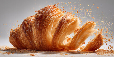 Golden-brown croissant, layers separating, crumbs flying, showcasing bakery product freshness and texture