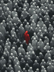 Obraz premium The Individual: Red Figure Stands Apart in Anonymous Crowd