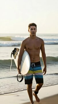 Young Male Surfer Walking in Shallow Ocean Water with Surfboard at Sunset