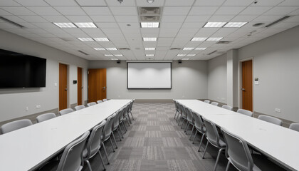 Modern conference room with long white tables, gray chairs, large screen, and wooden doors, designed for meetings or training sessions, with bright lighting and professional atmosphere