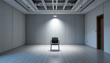 Single chair in empty meeting room with plain walls and ceiling, minimal lighting, and door on right side, creating quiet, professional, and minimalist atmosphere