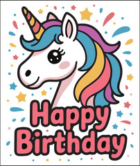 Fototapeta premium Cute Unicorn with Colorful Mane and Happy Birthday Greeting for Celebrations