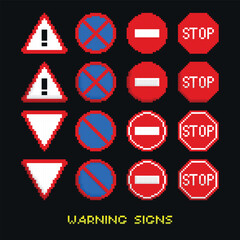 Set of pixelated warning, priority and prohibitory road signs vector illustration isolated on black background.