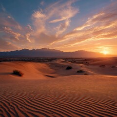 Desert sunset over sand dunes.  Vast, golden dunes bathed in warm sunset light.  Distant mountains.  Soft clouds