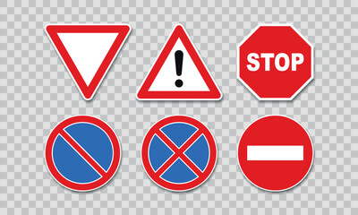 Set of warning, priority and prohibitory road signs vector illustration isolated on transparent background.