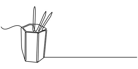 pen holder continuous one line drawing minimalism design, Continuous one line drawing of Stationery container with pencil and pens. Single line drawing illustration of Pencil holder. School equipment.