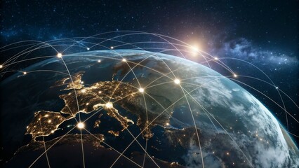 Global network connections illuminating earth at night