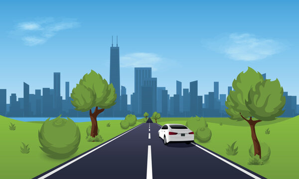 Skyline on the horizon, suburban area and car on the road vector illustration.