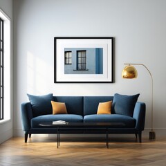 Framed photo of light-blue windows displayed in a modern living room