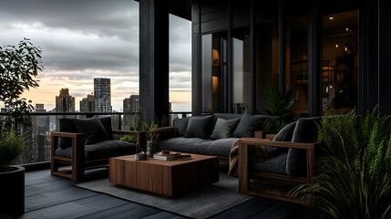 Modern Balcony With City View At Sunset