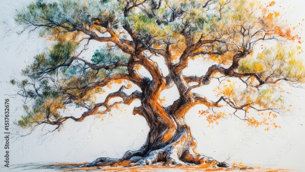 Poster a detailed illustration of an old tree with thick trunk and branches. the tree showcases vibrant col