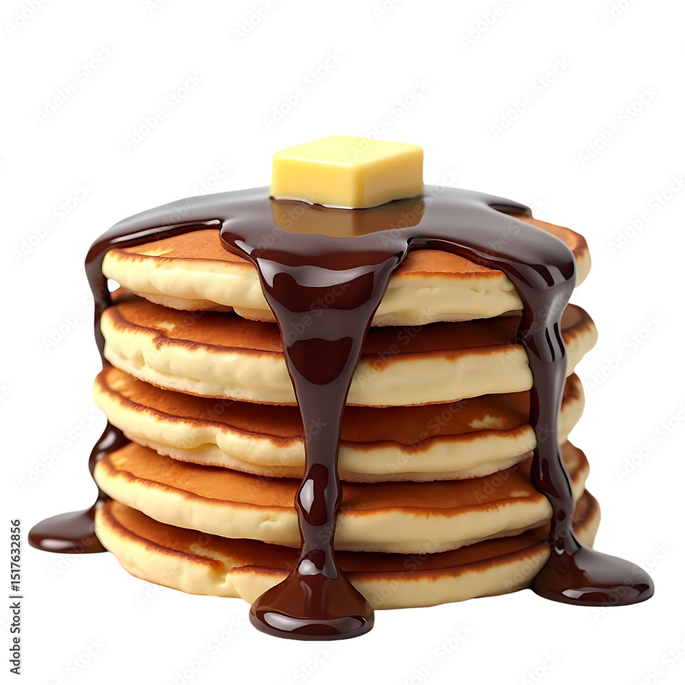 Poster a stack of pancakes with chocolate syrup and butter on top close up isolated on transparent backgrou