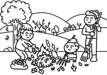 A family is raking leaves in the garden in autumn 