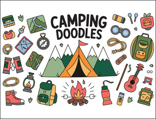Cute Camping Doodles with Tent Mountains Campfire and Outdoor Gear Illustrations
