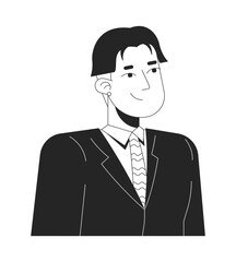 Confident professional asian man wearing suit striped tie 2D line character. Korean male office worker with short hair and earring isolated vector ink outline person. Monochromatic spot illustration
